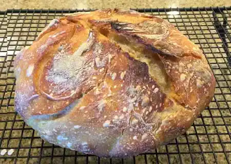 A picture of sourdough bread sitting on a rack.